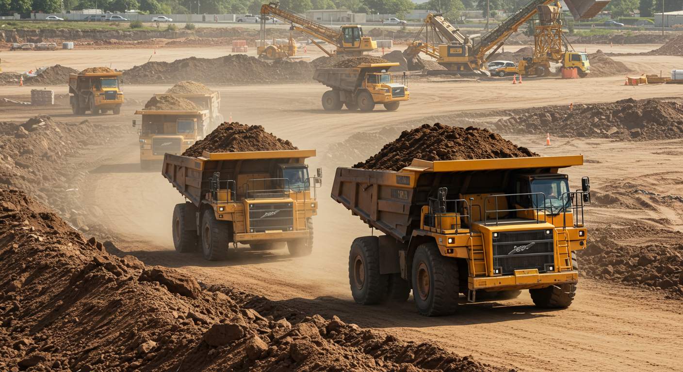 Самосвал перевозит грунт на строительной площадке